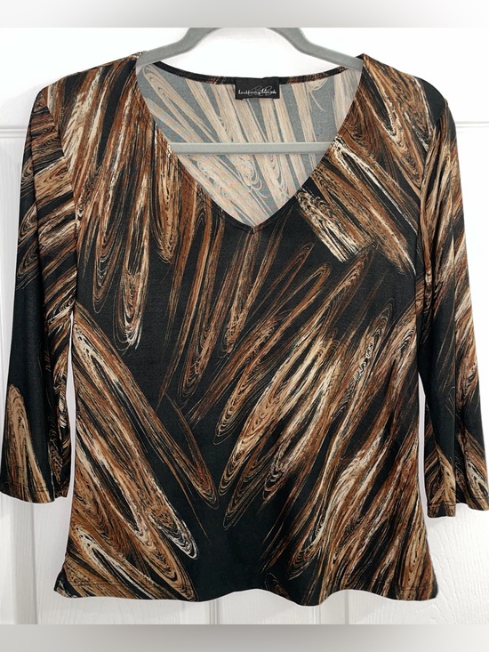 Brittany Black Tops - Brittany Black Brown & Black Patterned V-Neck Blouse Size Small